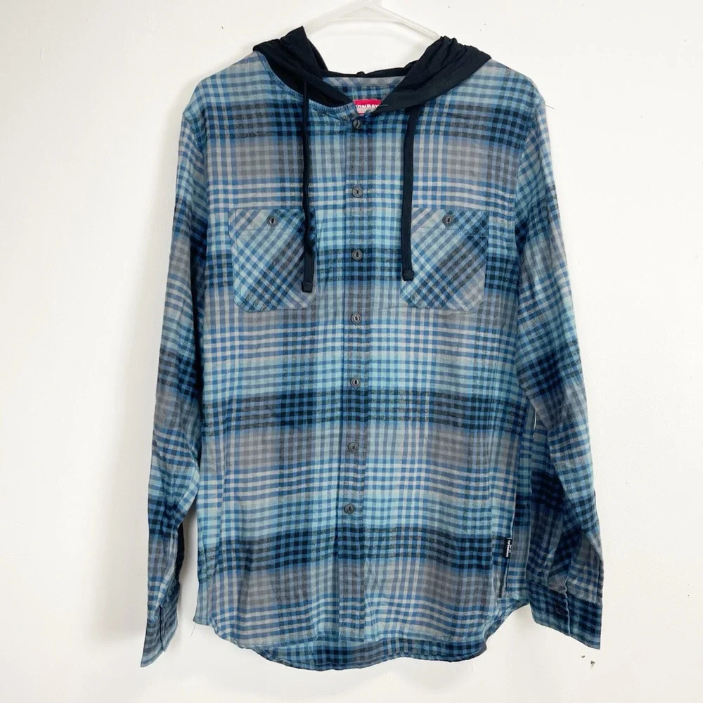 NEW Unionbay Hooded Button Up Shirt Mens Small Blue Gray Plaid Logo NWOT